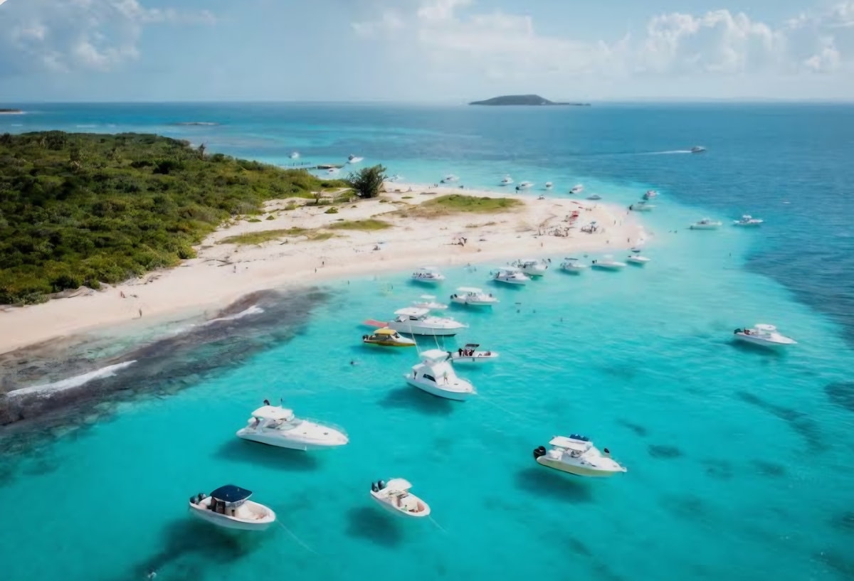 Aerial view of Icacos Cay with boats anchored in turquoise water off the Fajardo coast