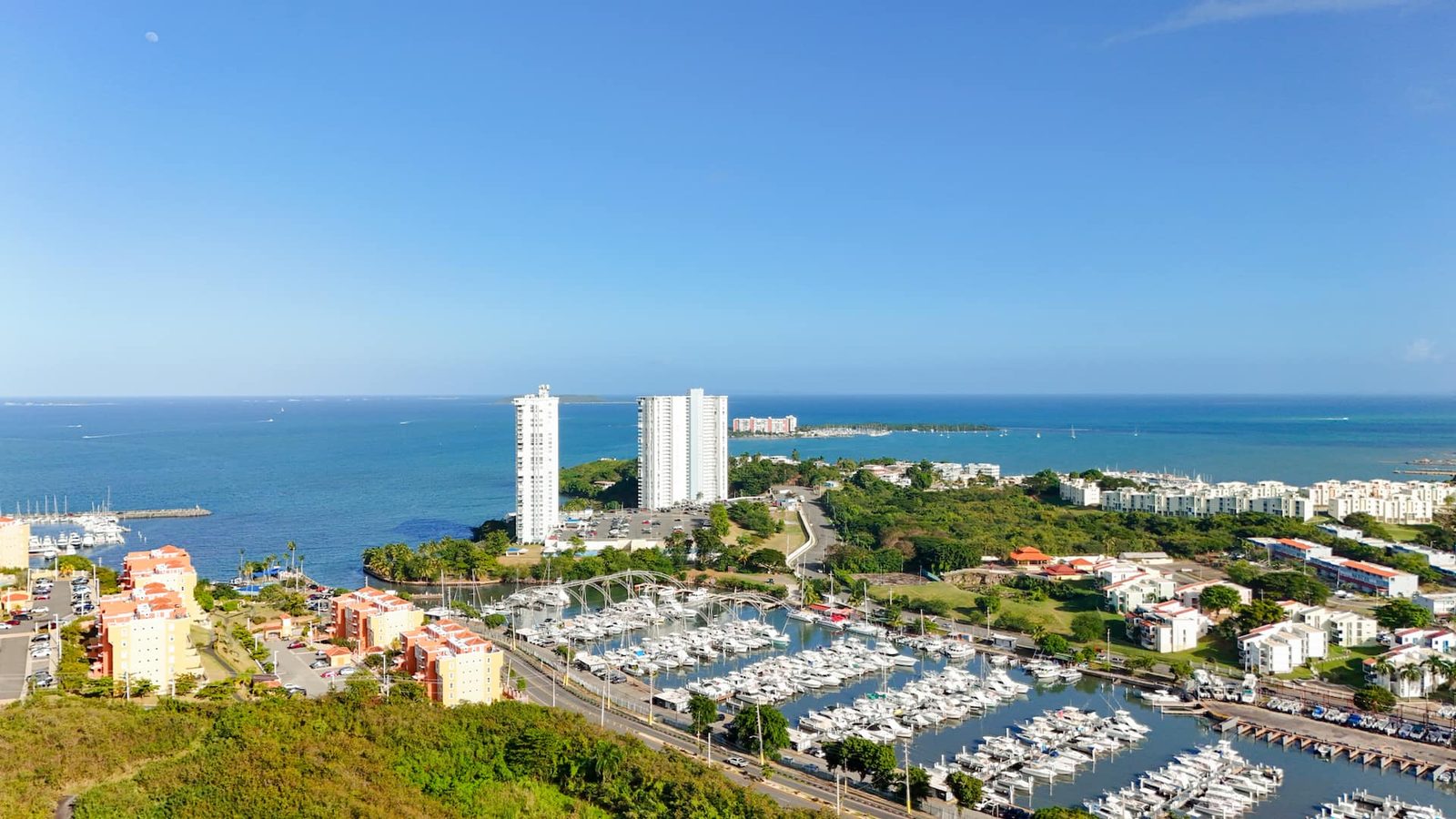 Aerial view of the marina and the building
